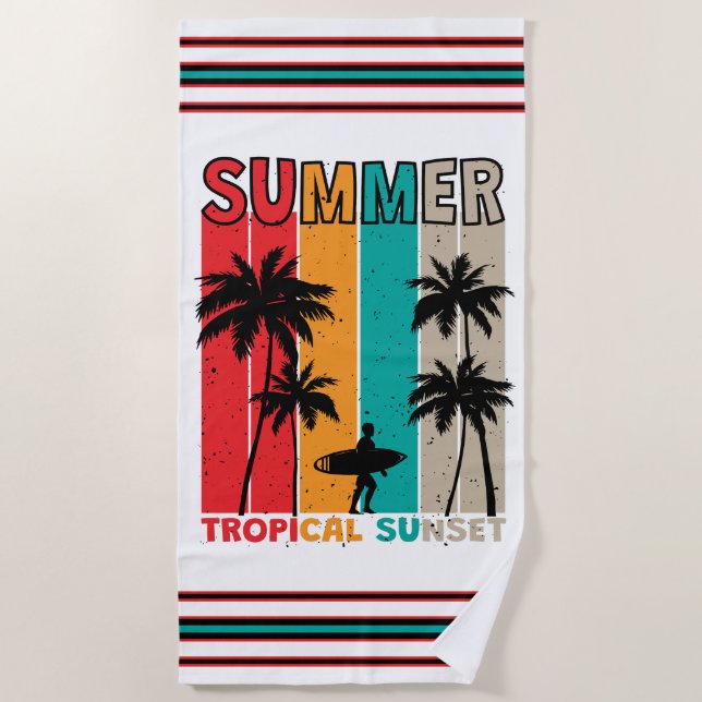 Tropischer Rush: Sonnenuntergang & Surfen Strandtuch (Vorderseite)
