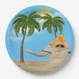 Tropischer Sandman mit Papierplatte Pappteller