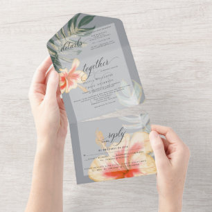 Tropischer Scarlet-Gelber Hibiskus Fern Wedding All In One Einladung