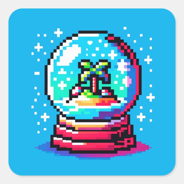 Tropischer Schneeglobe Einzigartiger Pixel Art Bea Quadratischer Aufkleber (Vorderseite)