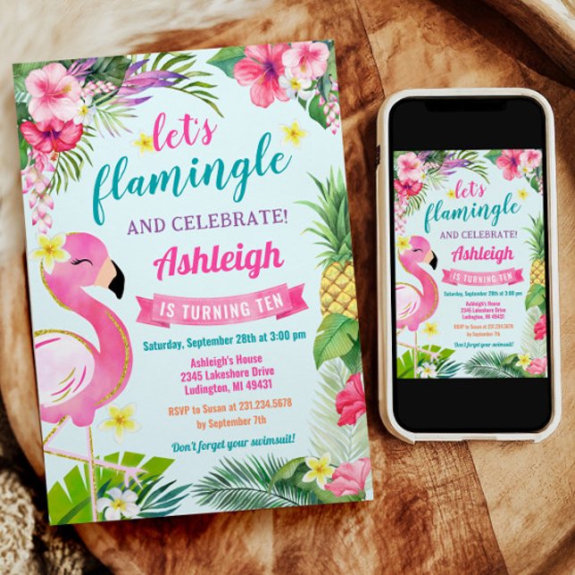 Tropischer Sommer 10. Geburtstag Einladung (Summer Tropical Flamingo 10th Birthday Invitation)
