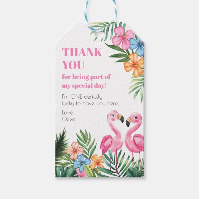 Tropischer Sommer 1. Flamingo Onederland Geburtsta Geschenkanhänger (Vorderseite)