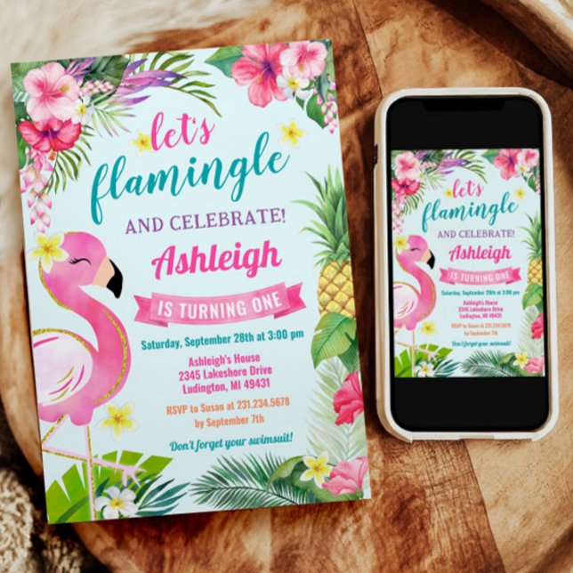 Tropischer Sommer 1. Geburtstag Einladung (Tropical Flamingo 1st Birthday Invitation.)