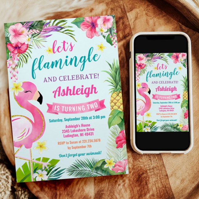 Tropischer Sommer 2. Geburtstag Einladung (Tropical Summer Flamingo 2nd Birthday Party Invitation.)
