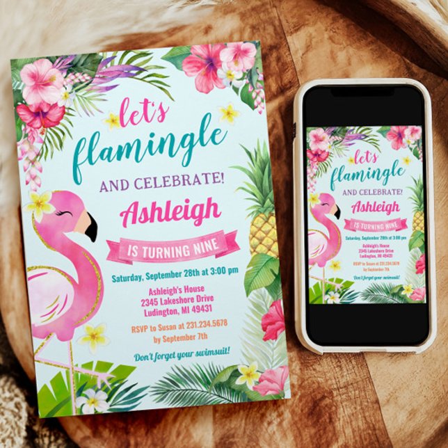 Tropischer Sommer 9. Geburtstag Einladung (Summer Tropical Flamingo 9th Birthday Invitation)