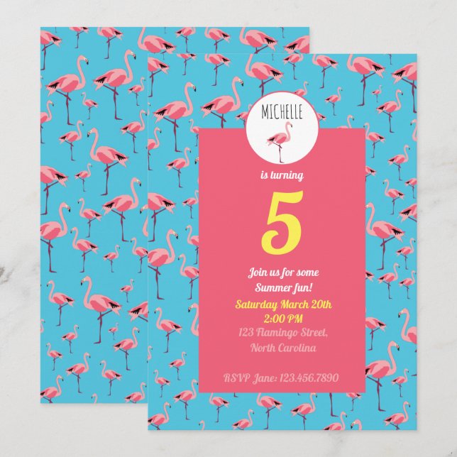 Tropischer Sommer Pink Flamingo Muster Geburtstag Einladung (Vorne/Hinten)