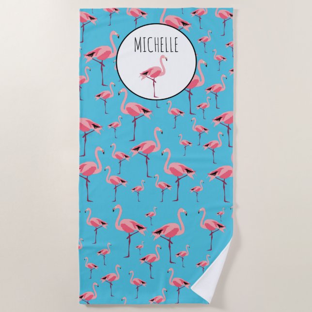 Tropischer Sommer Pink Flamingo Muster Strandtuch (Vorderseite)