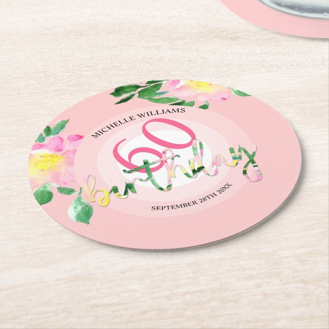 Tropischer Sommer Rosa Flora Wasserfarbe Runder Pappuntersetzer (Angewinkelt)