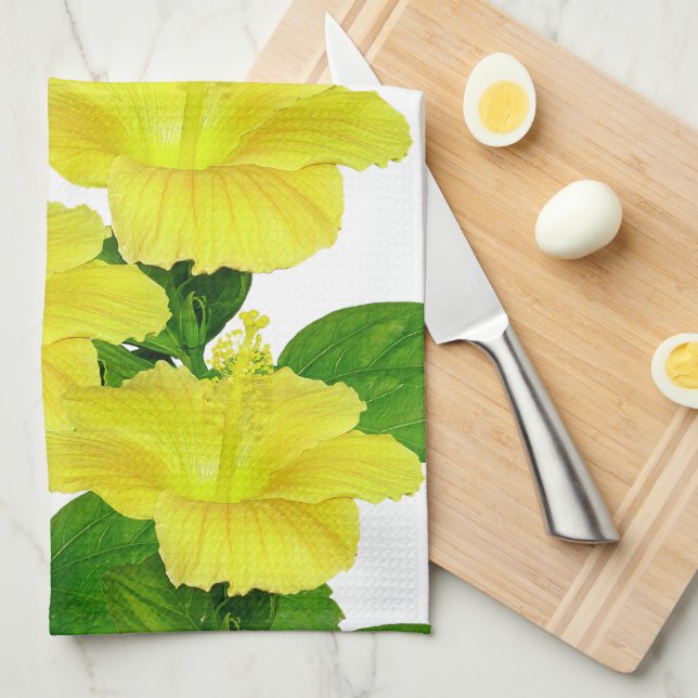 Tropischer Sommergelber Hibiskus auf Weiß Geschirrtuch (Viertel Falte)