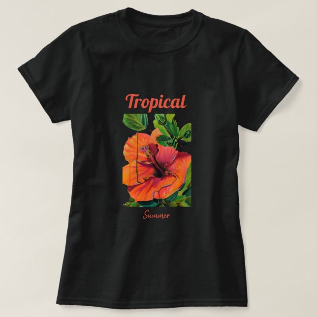 Tropischer Sommerorange-Hibiskus T-Shirt (Design vorne)