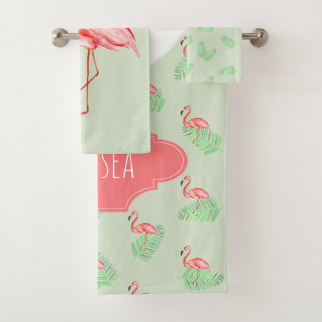 Tropischer Sommerrosa Flamingo-Name des Mädchens Badhandtuch Set (Insitu)