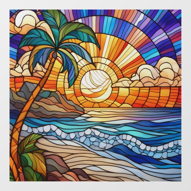 Tropischer Sonnenuntergang am Strand Fensteraufkleber (Blatt)