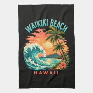 Tropischer Sonnenuntergang am Waikiki-Strand Hawai Geschirrtuch