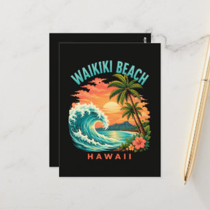 Tropischer Sonnenuntergang am Waikiki-Strand Hawai Postkarte