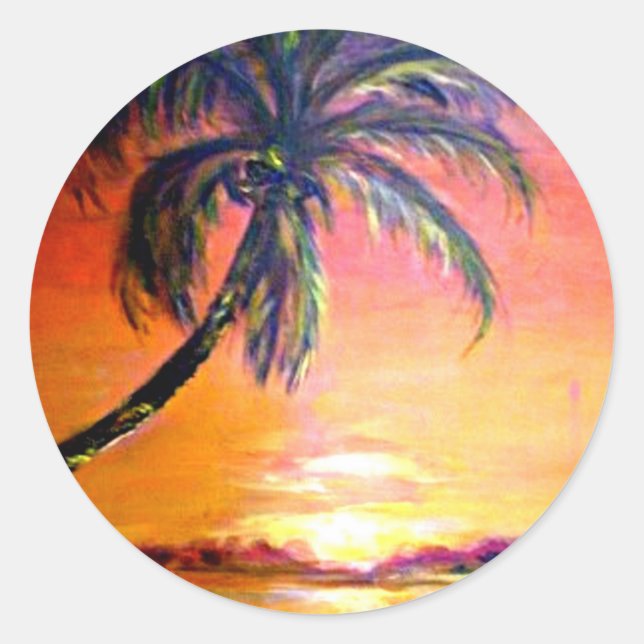 Tropischer Sonnenuntergang, Kunstmalerei, Runder Aufkleber (Vorderseite)
