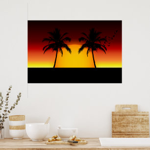 Tropischer Sonnenuntergang mit Palmen Poster