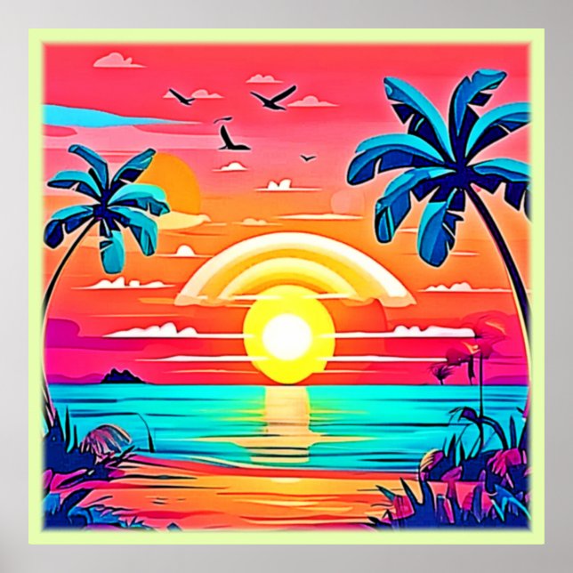 Tropischer Sonnenuntergang mit Regenbogen Poster (Vorne)