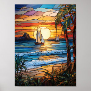 Tropischer Sonnenuntergang mit Segelbooten und Oze Poster
