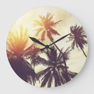 Tropischer Sonnenuntergang: Palme Silhouette Vinta Große Wanduhr