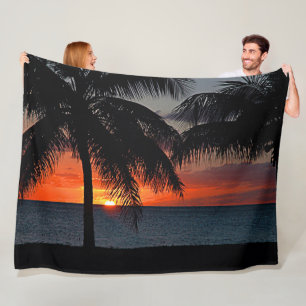 Tropischer Sonnenuntergang Palmen Strand Fleecedecke