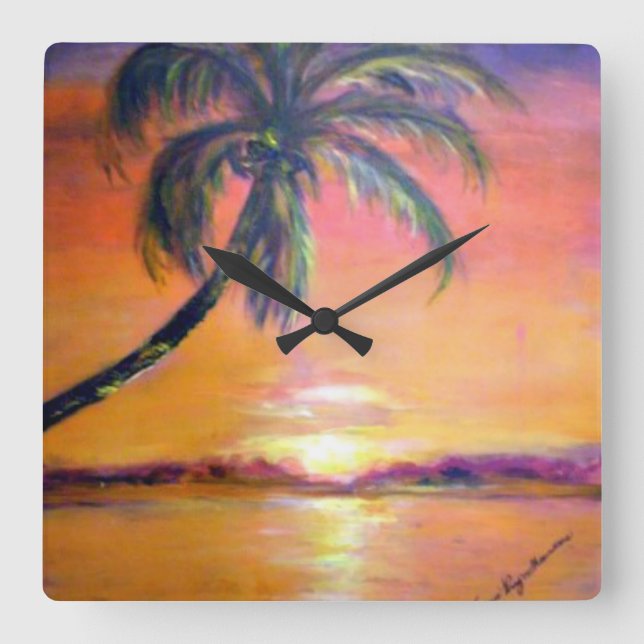 Tropischer Sonnenuntergang Quadratische Wanduhr (Vorderseite)