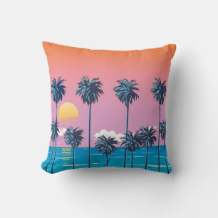 Tropischer Sonnenuntergang: Vintage Beach Illustra Kissen