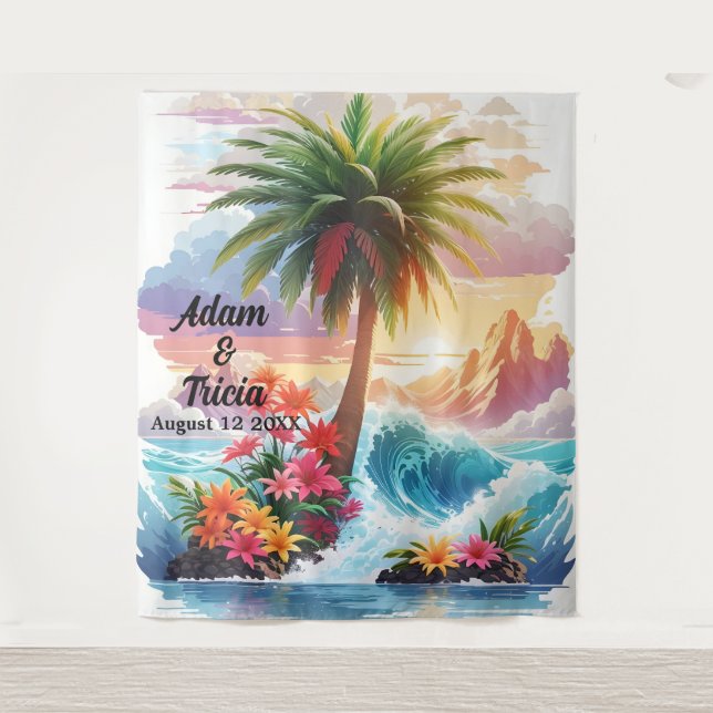 Tropischer Sonnenuntergangsflucht-Hochzeitskulisse Wandteppich (Vorderseite)