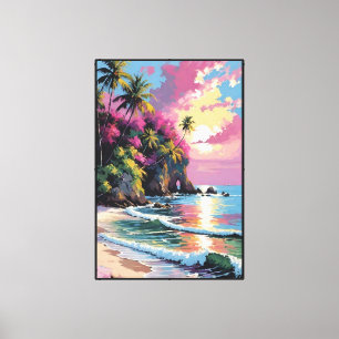 Tropischer Sonnenuntergangsstrand mit Palmen und K Leinwanddruck