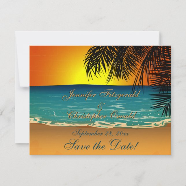 Tropischer Strand bei Sonnenuntergang speichern Si Save The Date (Vorderseite)