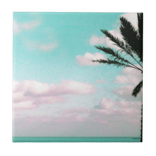 Tropischer Strand, Blick aufs Meer, rosa Wolken, P Fliese