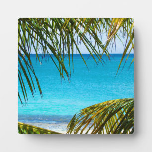 Tropischer Strand gerahmt mit Palmfronten Fotoplatte