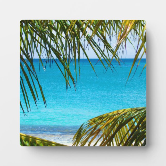 Tropischer Strand gerahmt mit Palmfronten Fotoplatte (Vorderseite)