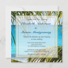 Tropischer Strand gerahmt mit Palmfronten Hochzeit Einladung