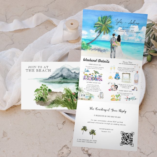 tropischer Strand | Illustrierte Hochzeit Dreifach Gefaltete Einladung (Von Creator hochgeladen)