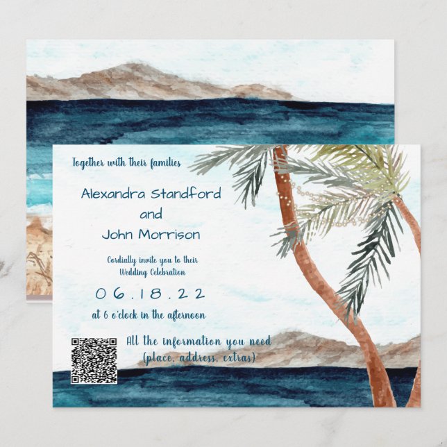Tropischer Strand mit Lichtern bei Hochzeiten Einladung (Vorne/Hinten)