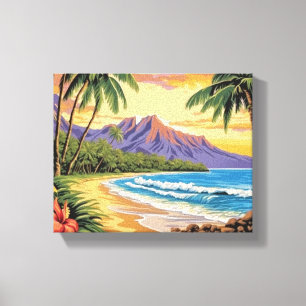 Tropischer Strand mit Palmen und Blume Leinwanddruck
