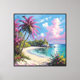 Tropischer Strand mit Palmen und rosa Blüten Leinwanddruck