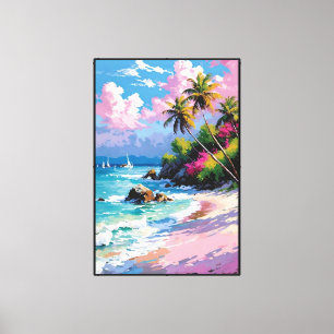 Tropischer Strand mit Palmen und Segelbooten Leinwanddruck