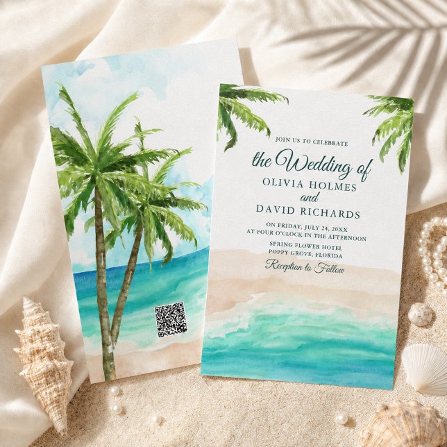 Tropischer Strand mit QR Code Hochzeit Einladung (Watercolor Tropical Beach with QR Code Wedding Invitation)