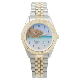 Tropischer Strand mit Strohdach-Schirm Armbanduhr