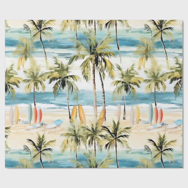Tropischer Strand mit Surfbrettern und Umschlagpap Geschenkpapier (Flach)