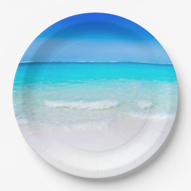 Tropischer Strand mit türkisblauem Meer Pappteller (Vorderseite)