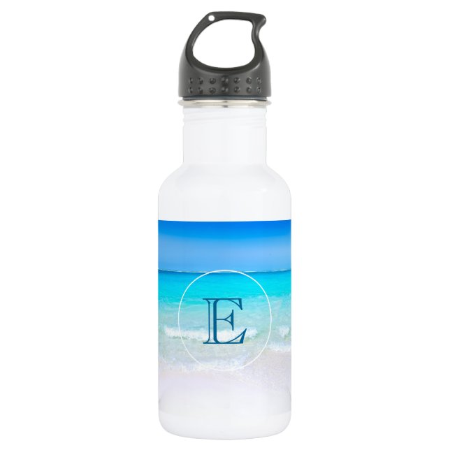 Tropischer Strand mit türkisfarbenem Meer-Monogram Edelstahlflasche (Vorderseite)