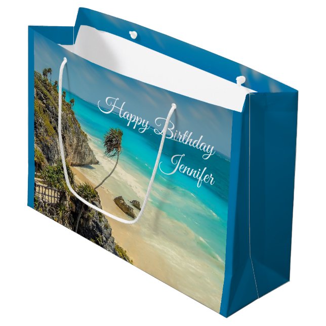 Tropischer Strand mit von Wind gesegneten Palmen G Große Geschenktüte (Vorderseite Schrägansicht)