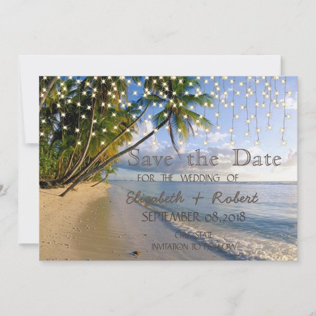 Tropischer Strand, Palm, String Lights Save the Da Date (Vorderseite)