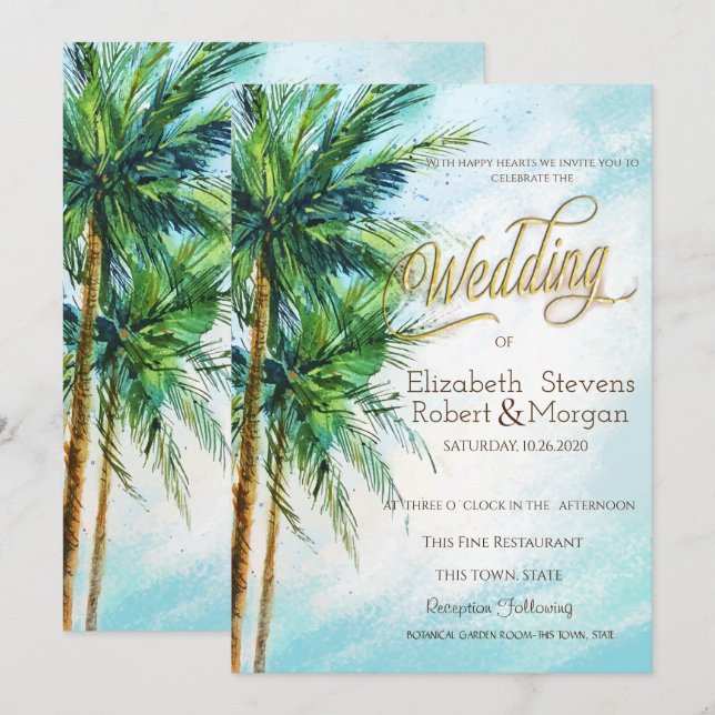Tropischer Strand, Palmen Hochzeit Einladung (Vorne/Hinten)