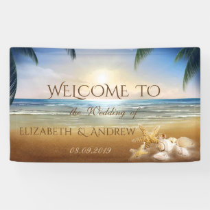 Tropischer Strand, Palmen, Muscheln Hochzeitsbann Banner