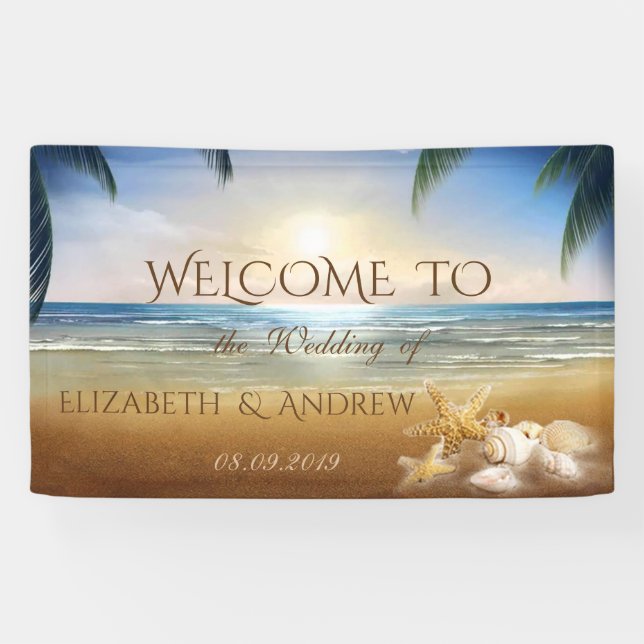 Tropischer Strand, Palmen, Seashells Hochzeitsbann Banner (Horizontal)