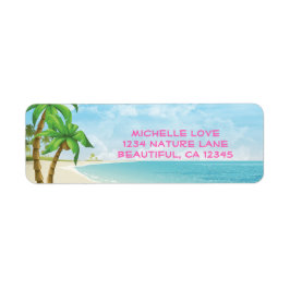 Tropischer Strand, Palmen und rosa Textadresse