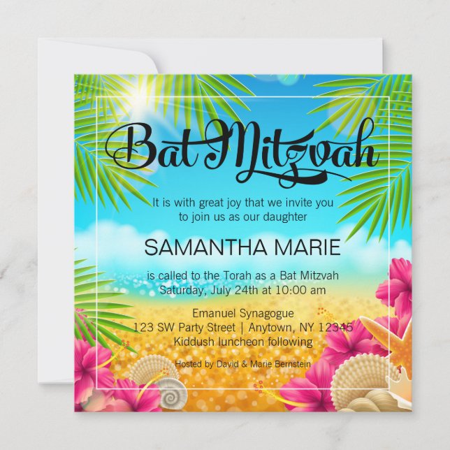 Tropischer Strand Pink Hibiskus Bat Mitzvah Einladung (Vorderseite)